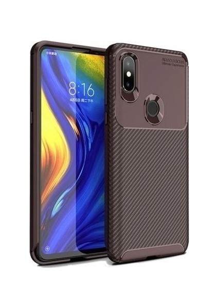 Xiaomi Mi Mix 3 Kılıf Karbon Desenli Lux Negro Silikon + Cam Ekran Koruyucu Kahverengi