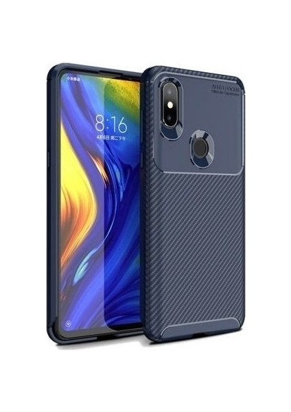 Xiaomi Mi Mix 3 Kılıf Karbon Desenli Lux Negro Silikon + Cam Ekran Koruyucu Lacivert