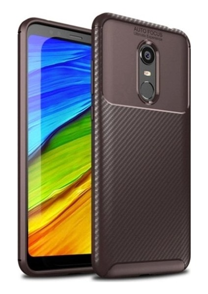 Xiaomi Redmi 5 Plus Kılıf Karbon Desenli Lux Negro Silikon + Nano Ekran Koruyucu Kahverengi