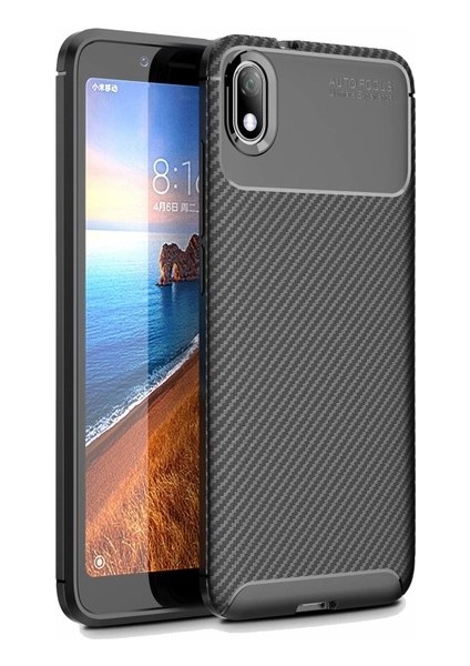 Xiaomi Redmi 7A Kılıf Karbon Desenli Lux Negro Silikon + Cam Ekran Koruyucu Siyah