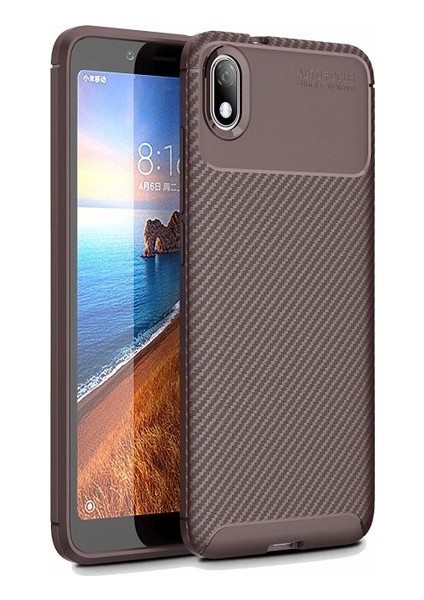 Xiaomi Redmi 7A Kılıf Karbon Desenli Lux Negro Silikon + Nano Ekran Koruyucu Kahverengi