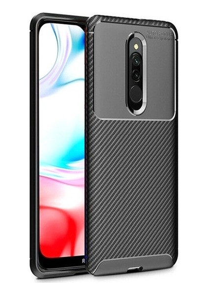 Xiaomi Redmi 8 Kılıf Karbon Desenli Lux Negro Silikon + Cam Ekran Koruyucu Siyah