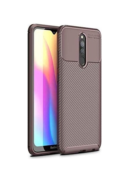 Xiaomi Redmi 8 Kılıf Karbon Desenli Lux Negro Silikon + Tam Kaplayan 6D Nano Ekran Koruyucu Kahverengi