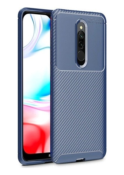 Xiaomi Redmi 8 Kılıf Karbon Desenli Lux Negro Silikon + Tam Kaplayan Cam Ekran Koruyucu Lacivert