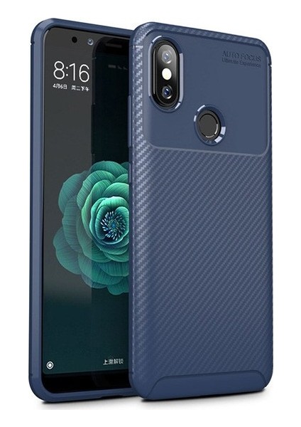 Xiaomi Redmi Note 5 Pro Kılıf Karbon Desenli Lux Negro Silikon + Cam Ekran Koruyucu Lacivert