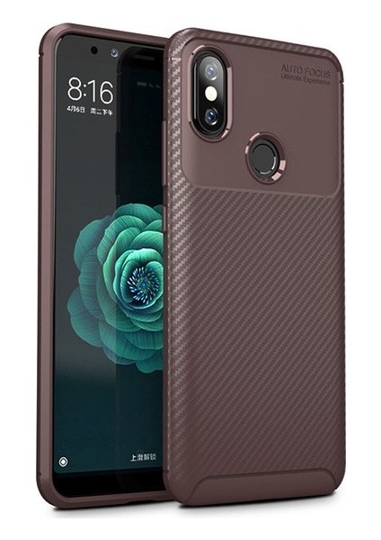 Xiaomi Redmi Note 5 Pro Kılıf Karbon Desenli Lux Negro Silikon + Tam Kaplayan Cam Ekran Koruyucu Kahverengi