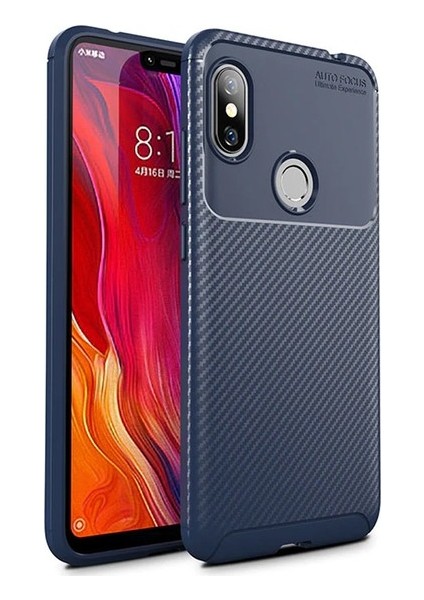 Xiaomi Redmi Note 6 Pro Kılıf Karbon Desenli Lux Negro Silikon + Cam Ekran Koruyucu Lacivert