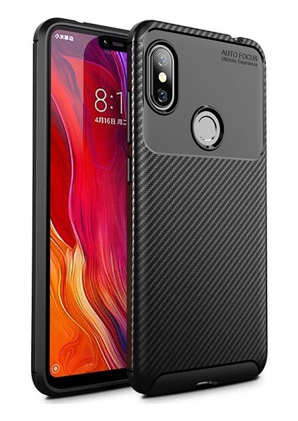 Xiaomi Redmi Note 6 Pro Kılıf Karbon Desenli Lux Negro Silikon + Cam Ekran Koruyucu Siyah