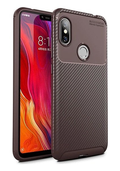Xiaomi Redmi Note 6 Pro Kılıf Karbon Desenli Lux Negro Silikon + Tam Kaplayan Cam Ekran Koruyucu Kahverengi