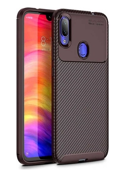 Xiaomi Redmi Note 7 Kılıf Karbon Desenli Lux Negro Silikon + Nano Ekran Koruyucu Kahverengi