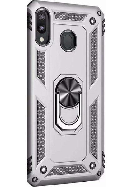 Samsung Galaxy M10s Kılıf Vega Standlı Yüzüklü Mıknatıslı Silikon Gümüş