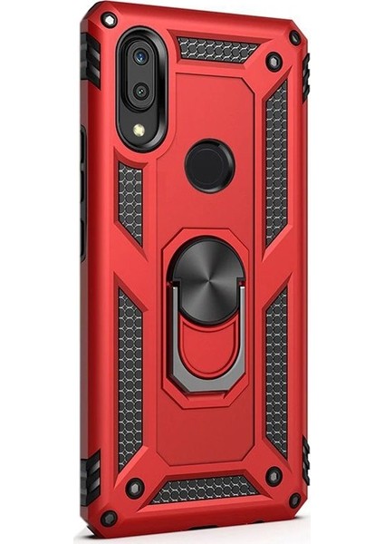 Samsung Galaxy M10s Kılıf Vega Standlı Yüzüklü Mıknatıslı + Nano Glass Kırmızı