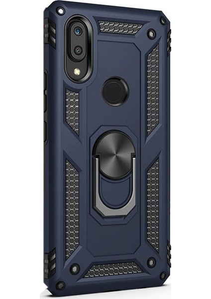 Samsung Galaxy M10s Kılıf Vega Standlı Yüzüklü Mıknatıslı + Nano Glass Lacivert