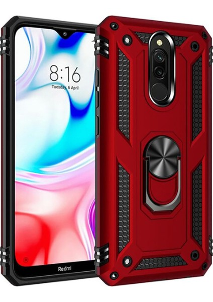 Xiaomi Redmi 8 Kılıf Çift Katmanlı Yüzüklü Manyetik Vega Kapak - Kırmızı + Cam Ekran Koruyucu