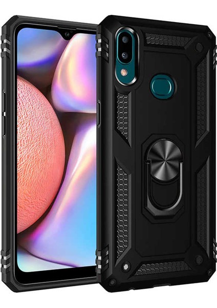 Samsung Galaxy A10s Kılıf Çift Katmanlı Yüzüklü Manyetik Vega Kapak - Siyah + Cam Ekran Koruyucu