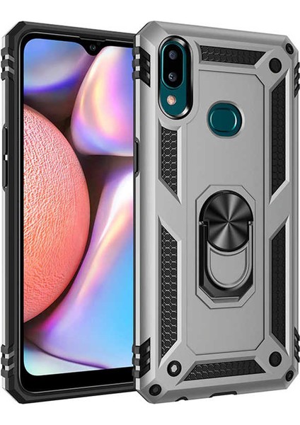 Samsung Galaxy A10s Kılıf Çift Katmanlı Yüzüklü Manyetik Vega Kapak - Gümüş + Nano Ekran Koruyucu