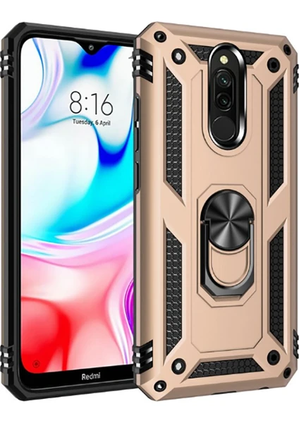 Tekno Grup Xiaomi Redmi 8 Kılıf Çift Katmanlı Yüzüklü Manyetik Vega Kapak - Gold + Tam Kaplayan 6D Nano Ekran Koruyucu