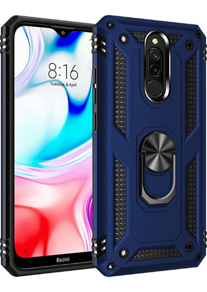 Xiaomi Redmi 8 Kılıf Çift Katmanlı Yüzüklü Manyetik Vega Kapak - Lacivert + Tam Kaplayan 6D Nano Ekran Koruyucu