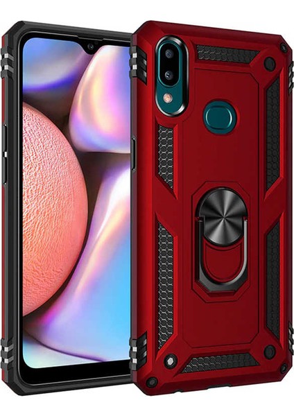 Samsung Galaxy A10s Kılıf Çift Katmanlı Yüzüklü Manyetik Vega Kapak - Kırmızı + Tam Kaplayan 6D Nano Ekran Koruyucu