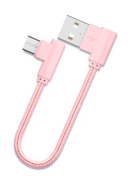 Micro USB Eğik Başlı Halat USB Kablo 20 cm Kısa Kablo AL-26933 - Pembe