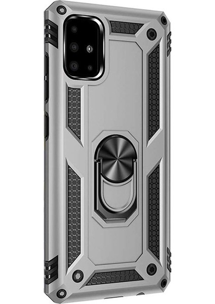 A51 Kılıf Vega Standlı Yüzüklü Mıknatıslı Silikon Gümüş