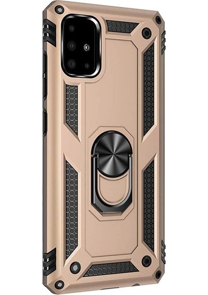 Samsung Galaxy A71 Kılıf Vega Standlı Yüzüklü Mıknatıslı Silikon Gold