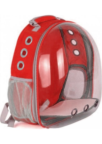 Astronot Kedi Köpek Sırt Taşıma Çantası Şeffaf Kapaklı Kırmızı