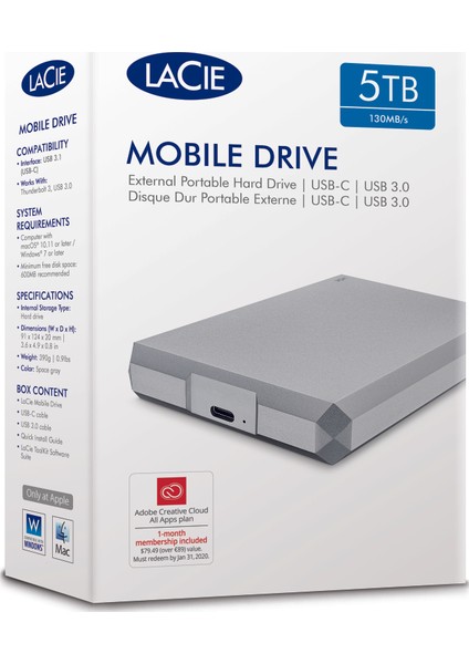 LaCie 5TB USB 3.0 - USB-C Mobile Drive Disk STHG5000400