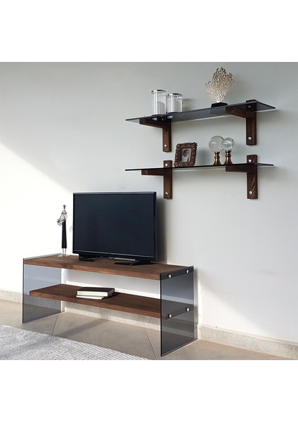 Neostill-2’li Duvar Raf Kitaplıktemperli Füme Cam Masif Ahşap