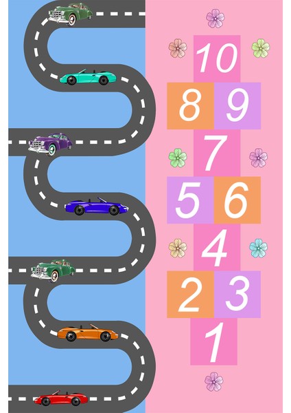 Kaymaz Taban Yıkanabilir Yol Ve Sek Sek Tasarımlı Dijital Baskılı Halı