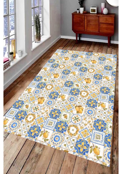 Kaymaz Taban Yıkanabilir Limonlu Motif Tasarımlı Dijital Baskılı Halı