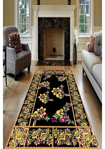 Kaymaz Taban Yıkanabilir Çerçeve Çiçek Motif Desenli Dijital Baskılı Halı