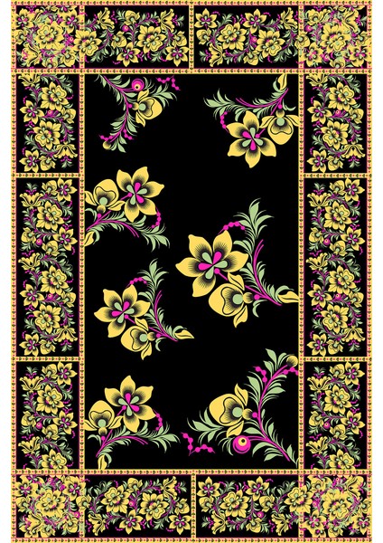 Kaymaz Taban Yıkanabilir Çerçeve Çiçek Motif Desenli Dijital Baskılı Halı