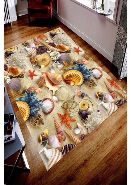 Kaymaz Taban Yıkanabilir Renkli Deniz Kabukları Tasarımlı Dijital Baskılı Halı