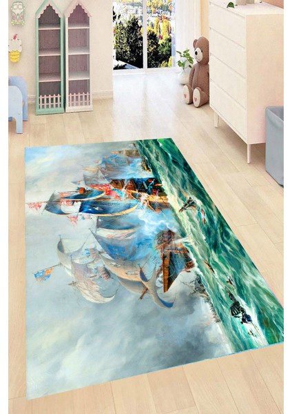 Kaymaz Taban Yıkanabilir Sulu Boya Efektli Derin Okyanuslar Dijital Baskılı Halı