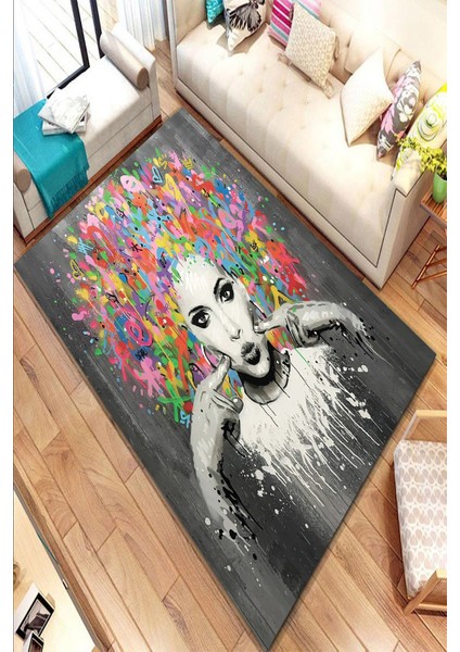 Kaymaz Taban Yıkanabilir Özel Portre Çizim Ve Grafiti Çalışması Dijital Baskılı Halı
