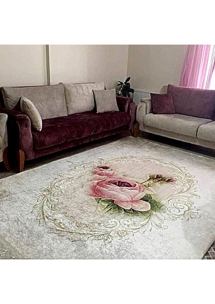 Kaymaz Taban Yıkanabilir Çiçek Desenli Dekoratif Dijital Baskılı Halı