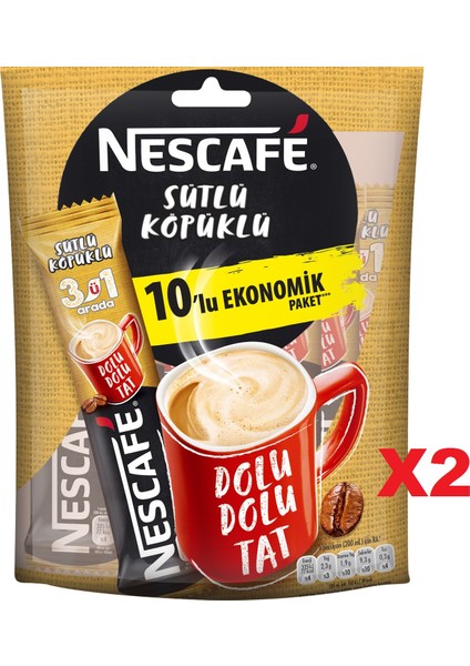 3'ü 1 Arada Sütlü Köpüklü 10 x 17,4 gr 2 Paket