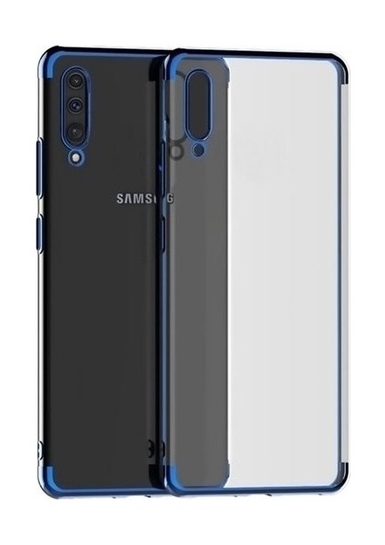 Tekno Grup Samsung Galaxy A50 Kılıf Dört Köşe Renkli Şeffaf Lazer Silikon - Mavi + Tam Kaplayan 6D Nano Ekran Koruyucu