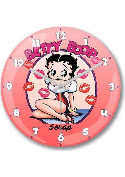 Baskı Dükkanı Kişiye Özel Bombeli Gerçek Cam Betty Boop Kiss Pembe  Duvar Saati