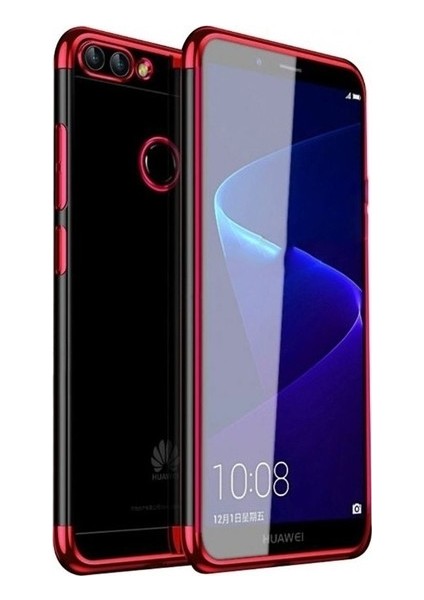 Tekno Grup Huawei P Smart Kılıf Dört Köşe Renkli Şeffaf Lazer Silikon - Kırmızı