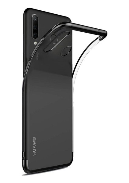 Tekno Grup Huawei P30 Lite Kılıf Dört Köşe Renkli Şeffaf Lazer Silikon - Siyah + Cam Ekran Koruyucu