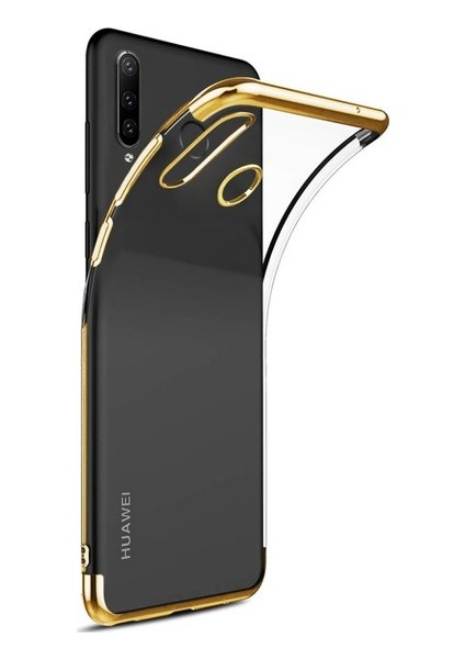 Tekno Grup Huawei P30 Lite Kılıf Dört Köşe Renkli Şeffaf Lazer Silikon - Gold + Cam Ekran Koruyucu