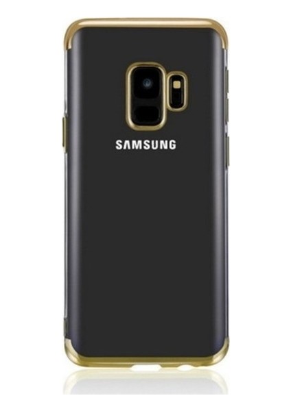 Tekno Grup Samsung Galaxy A6 2018 Kılıf Dört Köşe Renkli Şeffaf Lazer Silikon - Gold + Cam Ekran Koruyucu