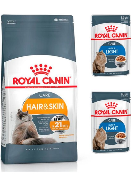Adult Yetişkin Hair&skin Kedi Maması 2 kg + Royal Canin Ultra Light Yaş Kedi Maması 2 Adet
