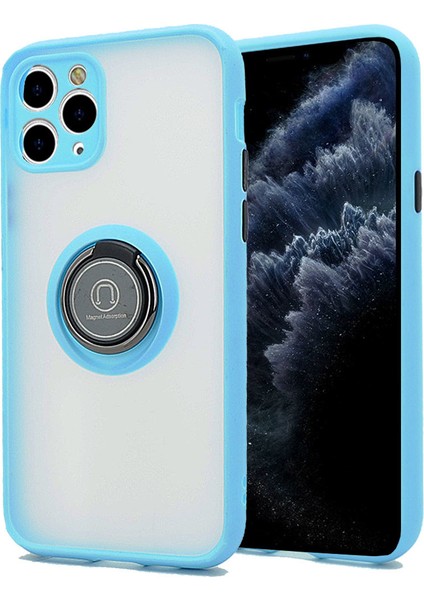 Apple iPhone 11 Pro Kılıf Renkli Stripe Şeffaf Silikon Yüzük Tutuculu Standlı Magnetic Açık Mavi