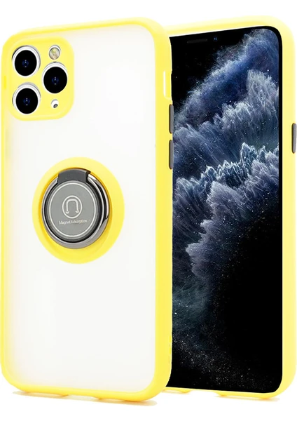 Coverzone Apple iPhone 11 Pro Kılıf Renkli Stripe Şeffaf Silikon Yüzük Tutuculu Standlı Magnetic Sarı