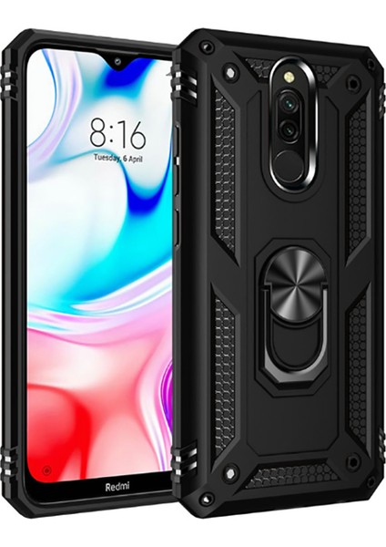 Xiaomi Redmi 8A Kılıf Çift Katmanlı Yüzüklü Manyetik Vega Kapak Siyah + Cam Ekran Koruyucu