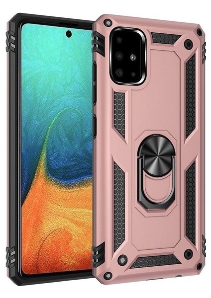 Samsung Galaxy A71 Kılıf Çift Katmanlı Yüzüklü Manyetik Vega Kapak Rose + Cam Ekran Koruyucu