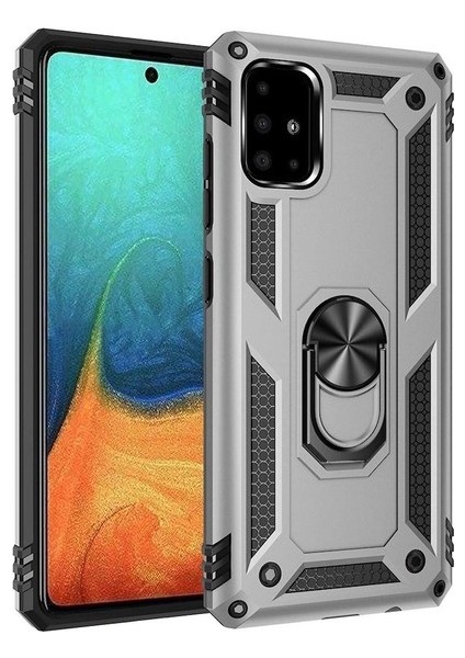 Tekno grup Samsung Galaxy A71 Kılıf Çift Katmanlı Yüzüklü Manyetik Vega Kapak Gümüş + Cam Ekran Koruyucu